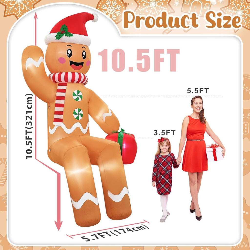 10FT Giant Christmas Inflatables Outdoor Decorations Sitting Gingerbread