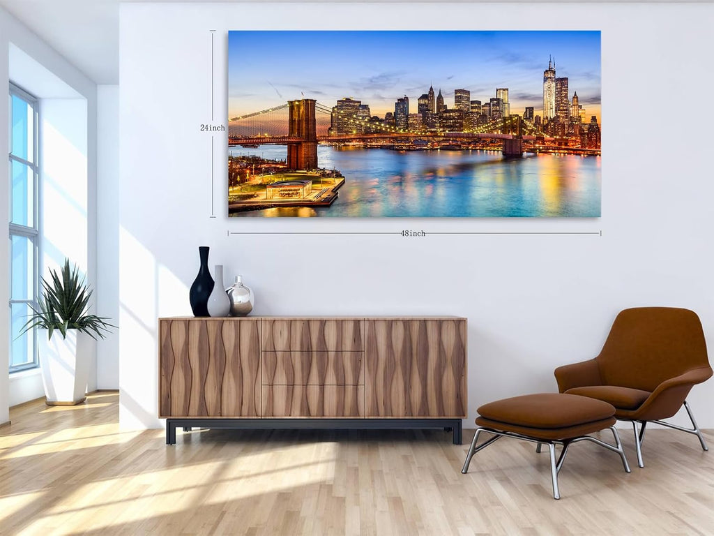 New York City Skyline Canvas Wall Art-Brooklyn Bridge at Sunset Panoramic Picture, Modern Manhattan Cityscape