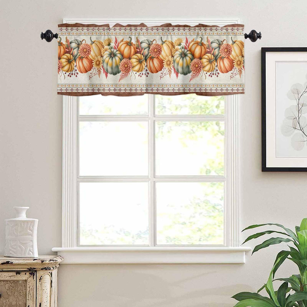 Orange Pumpkins Fall Valances Window Treatment Farmhouse Decor, Boho Thanksgiving Botanical Floral Rod Pocket Valance