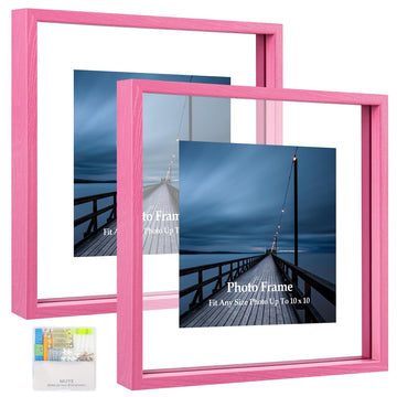 10x10 Floating Frame Set of 2, Double Real Glass Square Photo Frame, Display Any Size Photo up to 10x10, Wall Mount or
