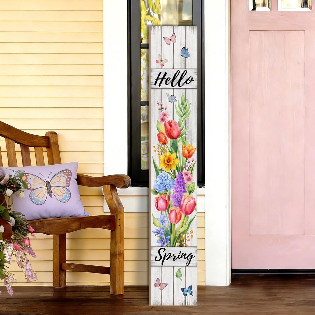 Hello Spring Porch Sign Tulip Butterflies Welcome Sign Rustic Vertical Standing Sign For Front Porch Decor Farmhouse