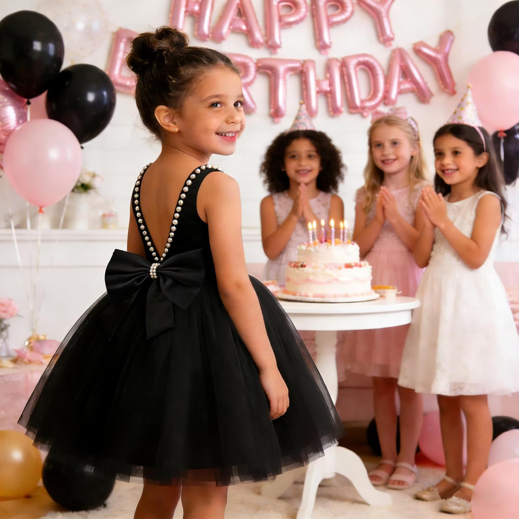 Toddler Baby Girls Pearl Backless Big Bowknot Tutu Gown Party Wedding Ball Gown Princess Dress with Headwear