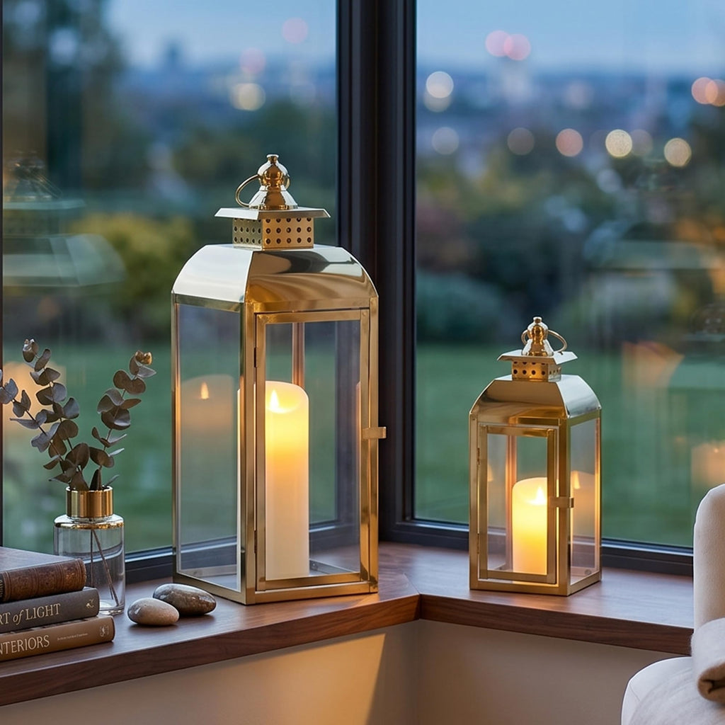 Set of 2 Gold Stainless Steel Decorative Candle Lanterns 20.5"&15" High Metal Candle Lanterns for Indoor Outdoor