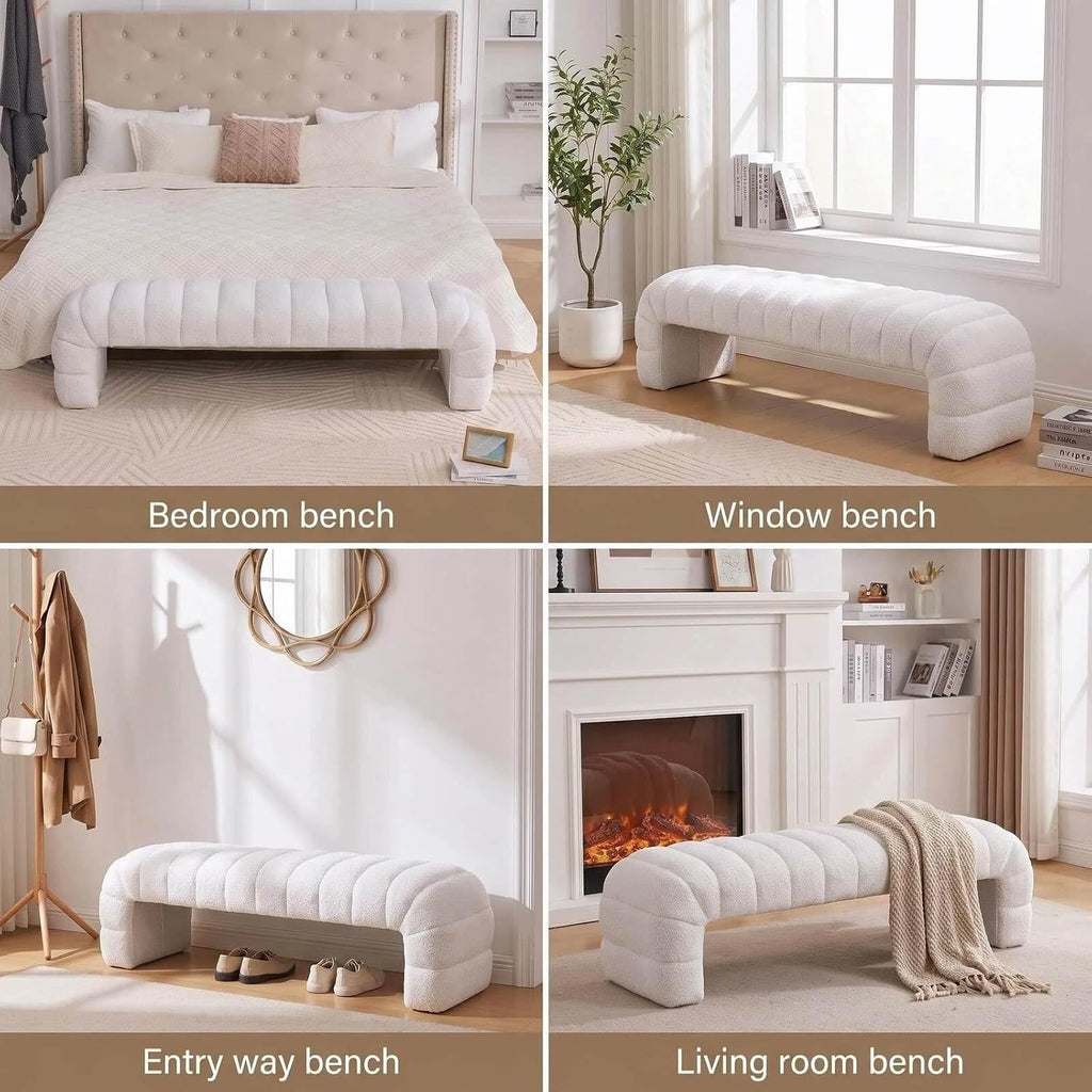 Arched Channel Tufted Chenille Bench, Ivory, 69.7 in | End of Bed Bench for King Size, Modern Upholstered Armless Bed