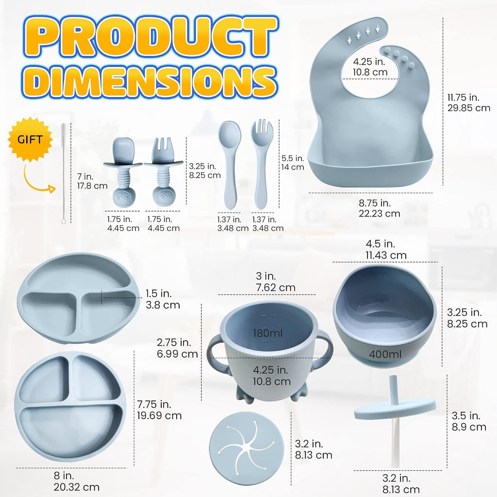 Baby Led Weaning Supplies | 10 Piece Silicone Baby Feeding Set | Baby Toddler Bib Cup Divided Plate and Bowl Self