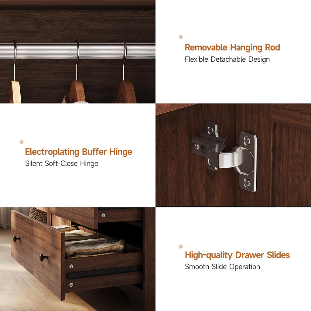 3 Doors Wooden Wardrobe Closet, Large Capacity Bedroom Armoires