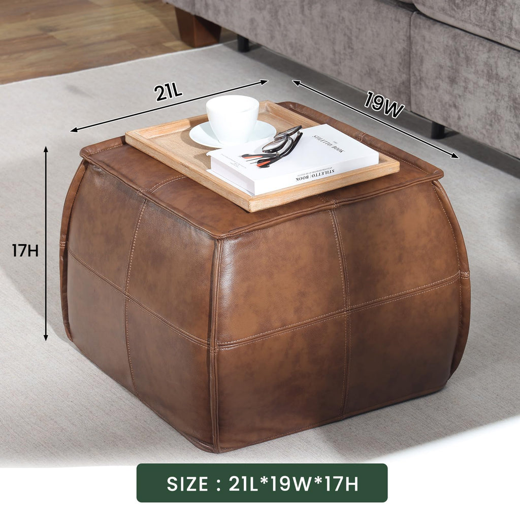 Genuine Leather Ottoman, Square Pouf Footstool (Square, Brown)