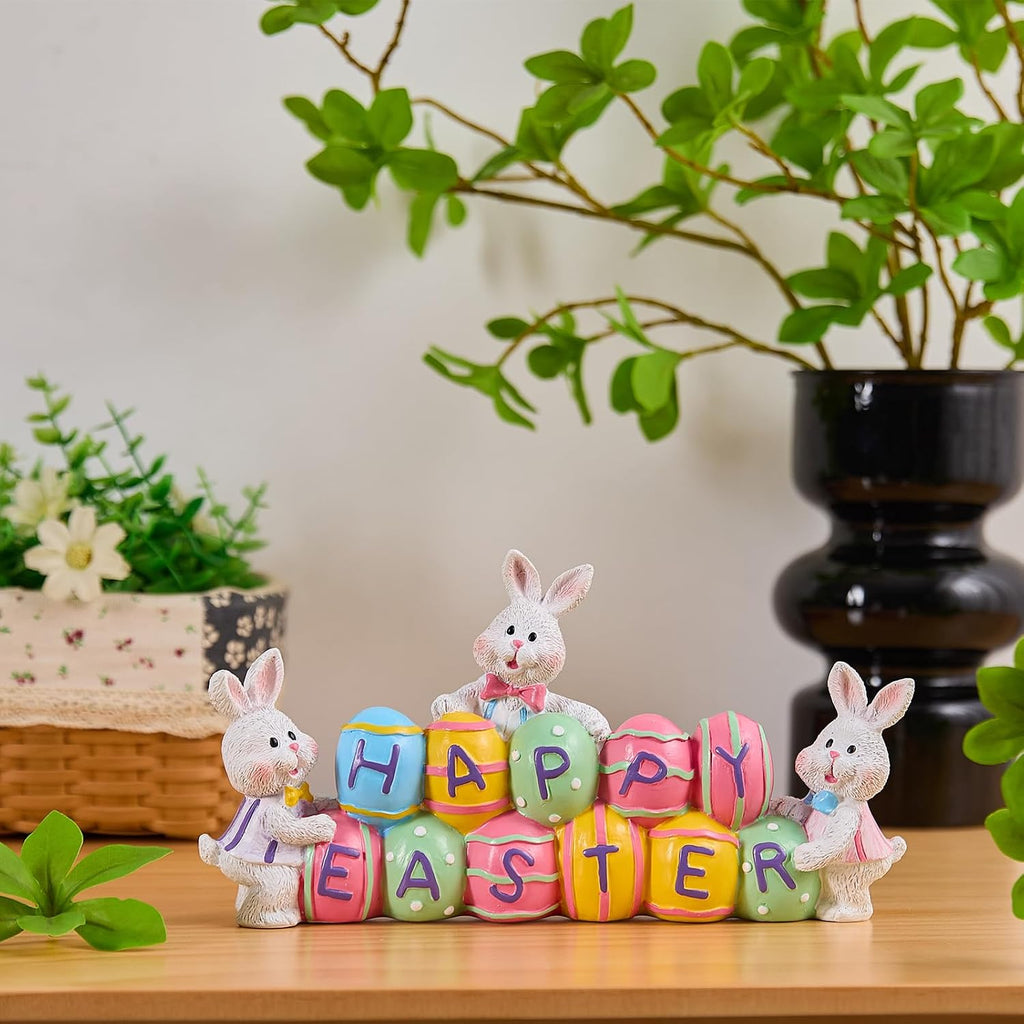 3 Bunny Holding Eggs and Happy Easter Decorations, Resin Easter Bunny Rabbits Figurine Tabletop Centerpiece