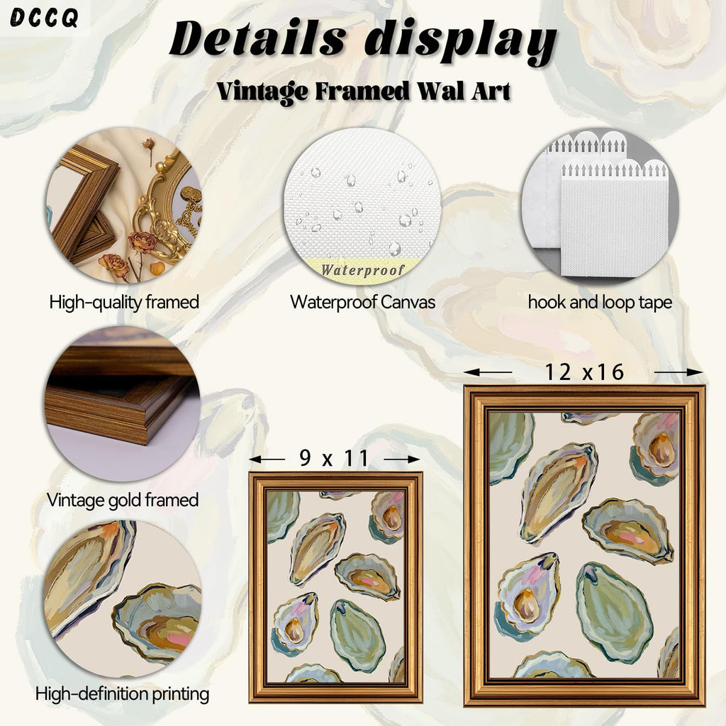 Vintage Gold Framed Wall Art Abstract Coastal Oyster Shell Painting Picture Wall Decor Coastal Beach House Poster