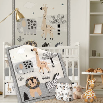 4 Piece Safari Animal Crib Bedding Set with Skirt Blanket Sheet