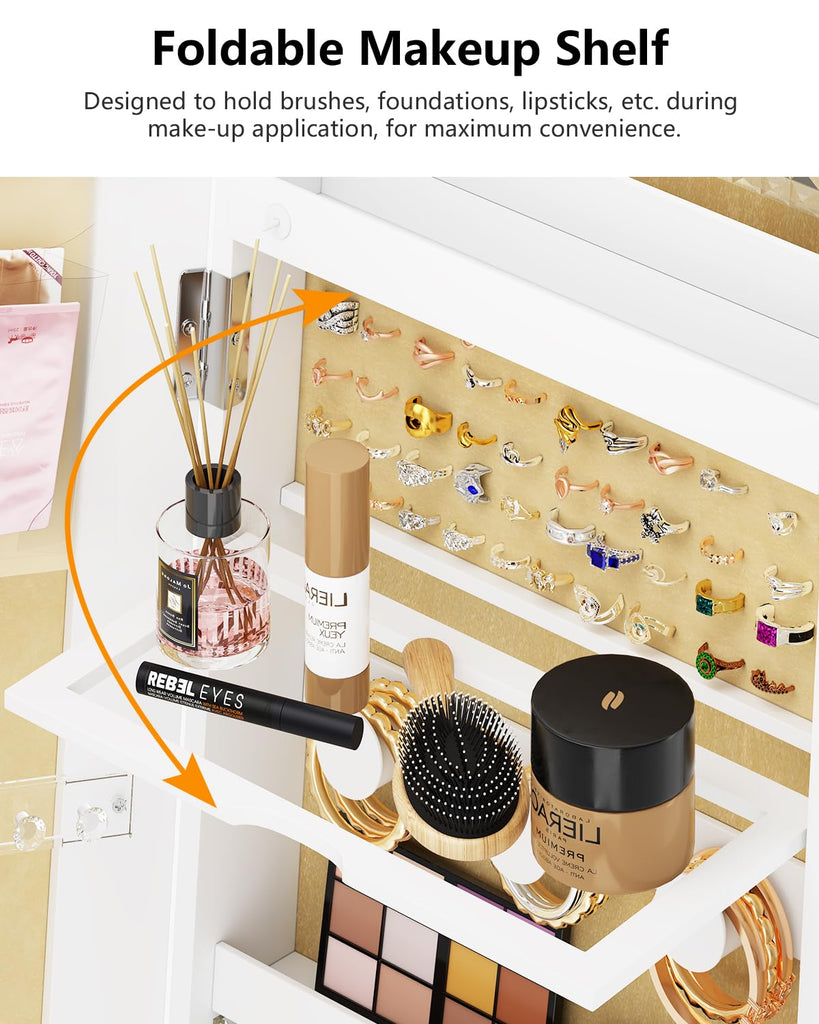 Full Length Mirror with Jewelry Storage, 360° Rotating Jewelry Armoire Organizer with Lights, Lockable Mirror Jewelry