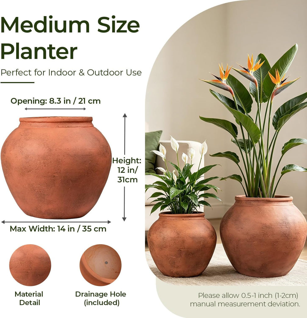 12" H x 14" Dia Fiberstone Distressed Terracotta Planter Pot with Drainage Hole, Vintage Indoor Outdoor Flower Pot