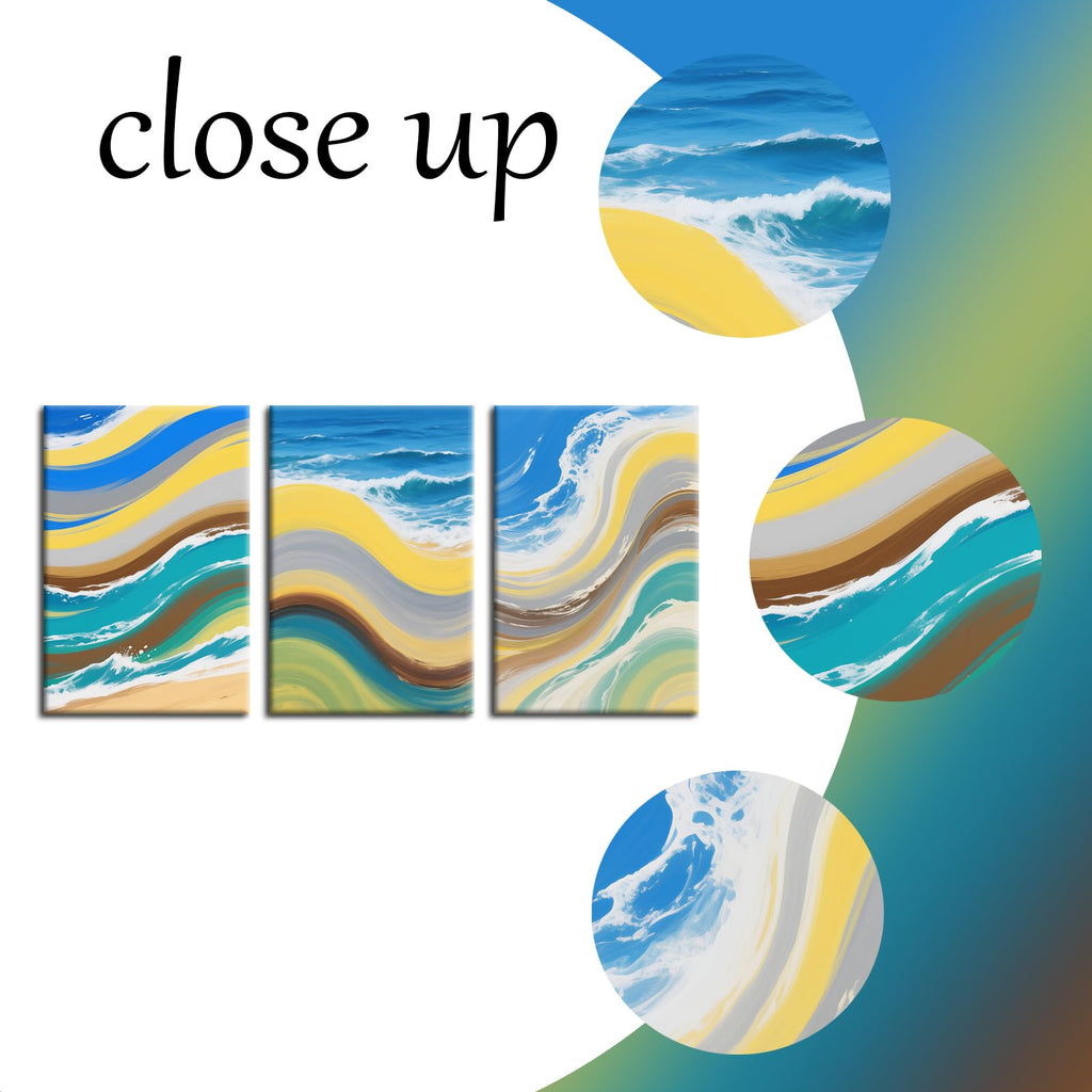 3 Piece Blue Wave Canvas Wall Art, Marbled Coastal Office Decor