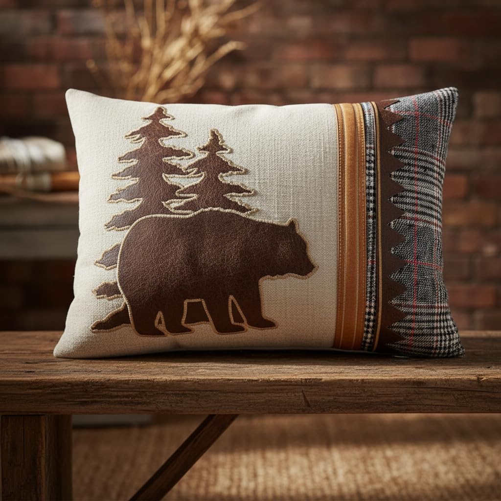 18 x 13 Inch Bear Pillow, Plaid Cabin Lumbar Throw Pillow