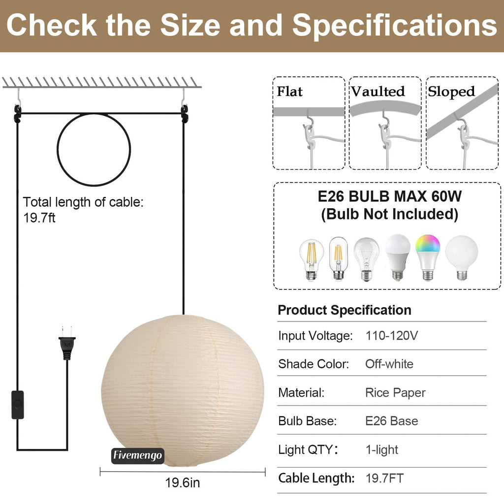 20in Paper Lanterns Plug in Hanging Lamp Off-White 19.7FT Cord
