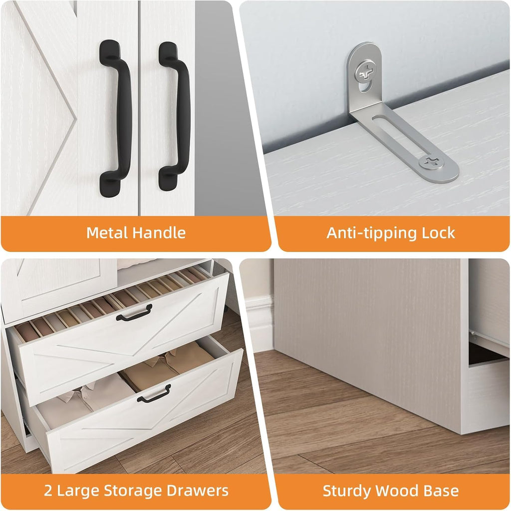 Armoire Wardrobe Closet with Drawers and Mirror, 72" Bedroom Wardrobe Cabinet with Motion Sensor Light, Hanging Rod &