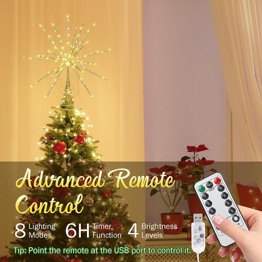 15 Inch Starburst Christmas Star Tree Topper with 150 Lights & Remote, Gold