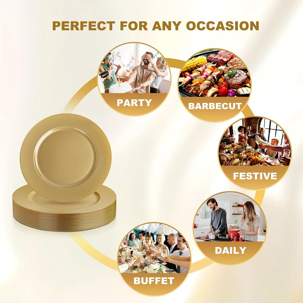 12Inch Plastic Charger Plates - 25Pack Gold Charge for Dinner - Disposable Gold Charge Plates - Set of 25