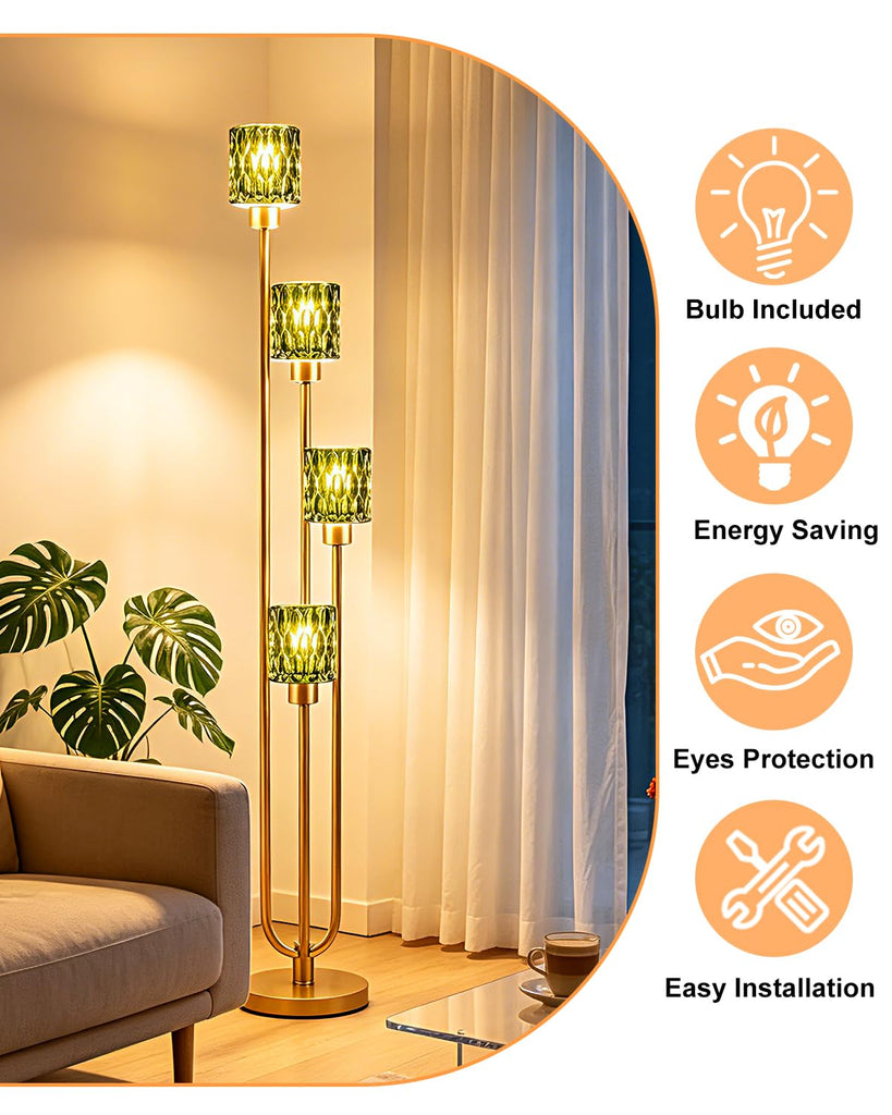 Vintage 4-Light Green Glass Floor Lamp, Dimmable Gold Standing Tall Lamp for Reading, Mid Century Modern Floor Lamp