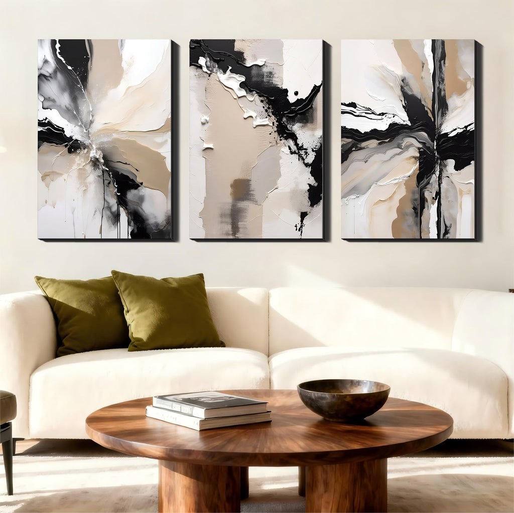 Large Canvas Wall Art Office, 3 Piece Black Beige Abstract Canvas Prints Pictures, Neutral Modern Paintings, Extra