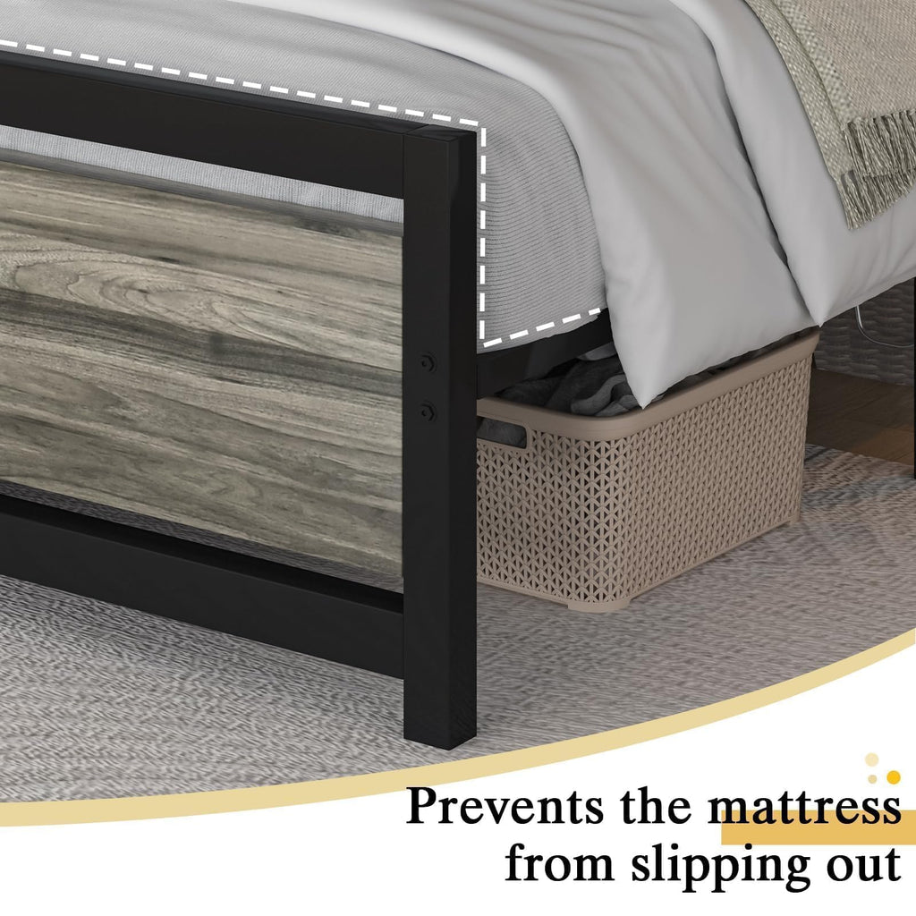 Full Bed Frame with Headboard, Under-Bed Storage, Wash Grey