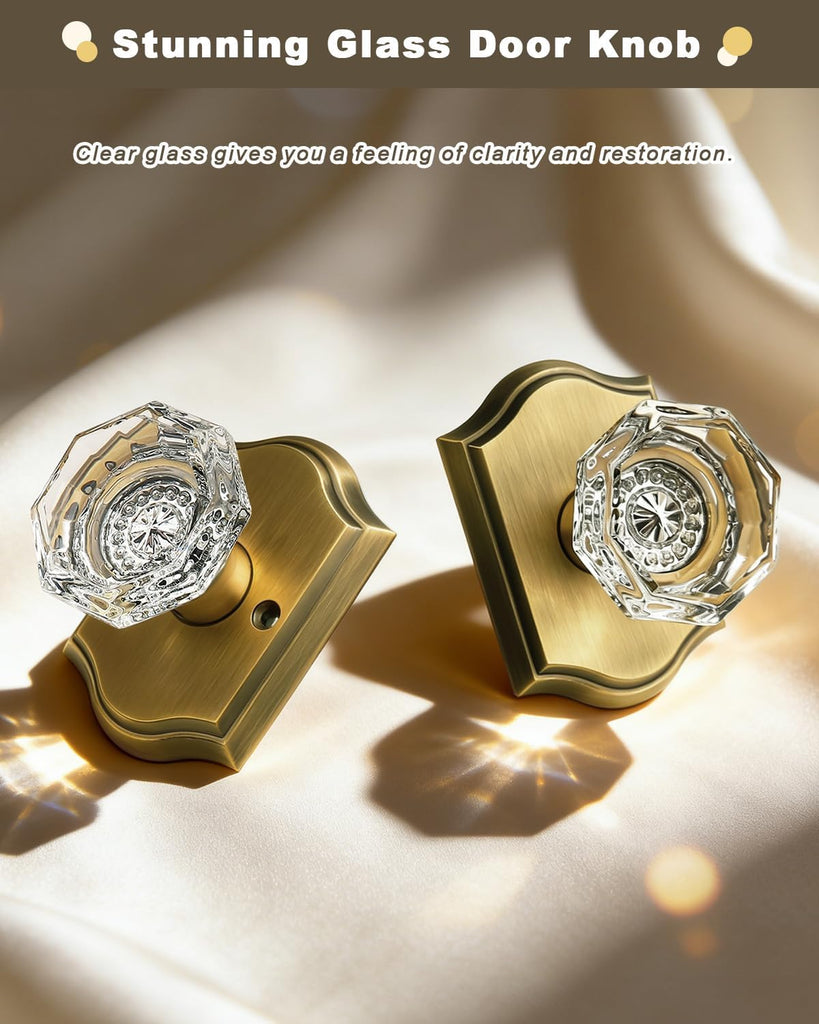 5 Pack Passage Crystal Door Knobs in Antique Brass for Hall Closet Laundry Room,Clear Octagon Shape,Keyless Outside