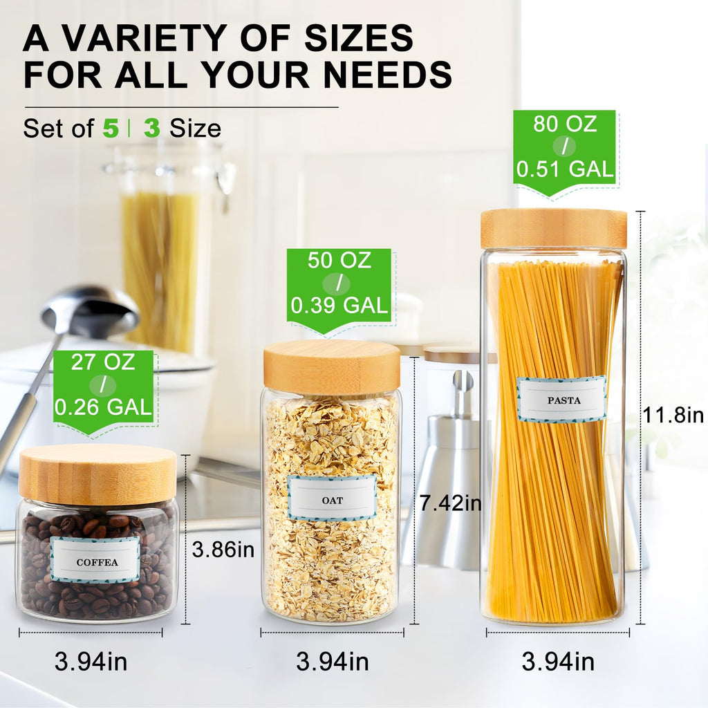 Airtight Glass Jar with Lid, Glass Storage Containers with Screw On Bamboo Lids, for Cookie, Pasta, Cereal Storage