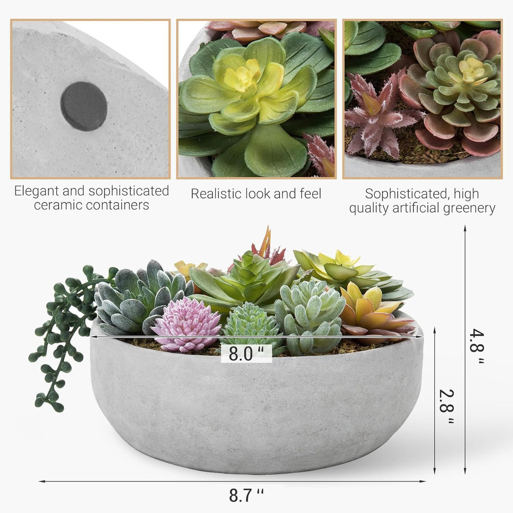 8 Inch Round Artificial Succulent Plants in Gray Concrete Plant Bowl | Indoor Decorative Greenery, Assorted Faux Mini