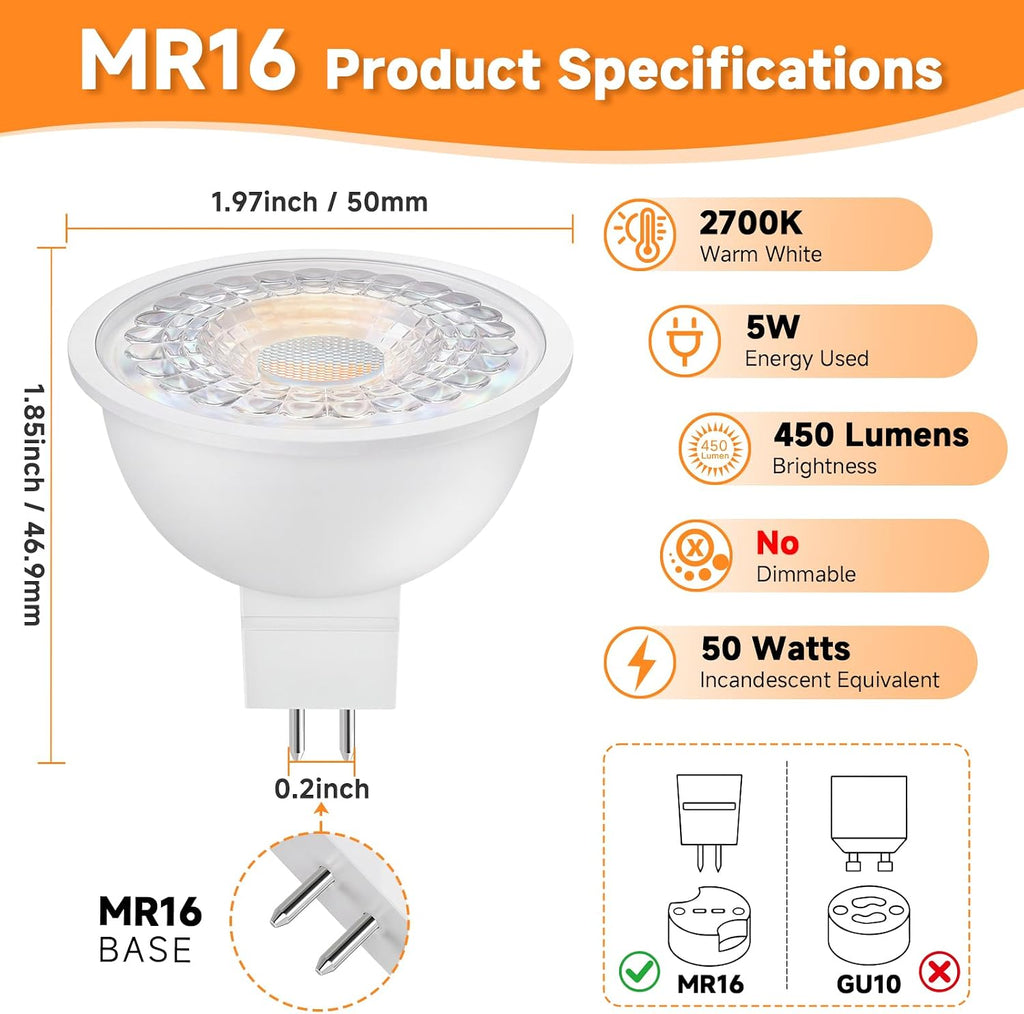 MR16 LED Bulbs 50W Halogen Equivalent, GU5.3, Soft Warm White 2700K, Low Voltage 12V, 450LM Landscape Spotlight Bulb