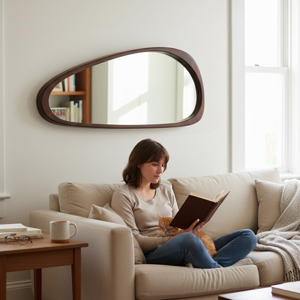 48x24 Inch Dark Walnut Large Irregular Solid Wood Wall Mirror