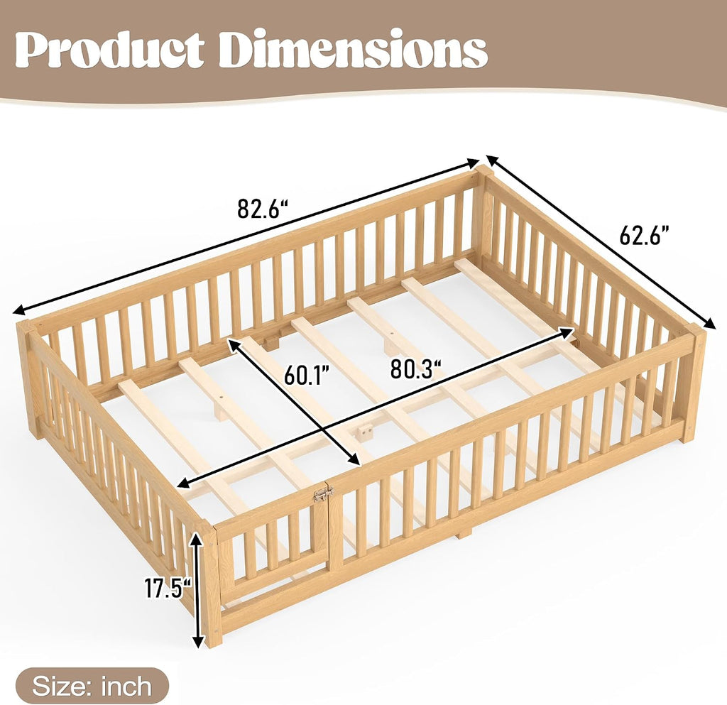 Queen Size Montessori Floor Bed Frame with Slats and Fence for Kids,Natural | Solid Wood,Full Surround Safety