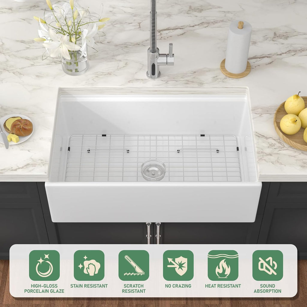 White Fireclay Farmhouse Sink Workstation - 33 Inch White Apron Front Fireclay Farm Sink Large Deep Ceramic Single