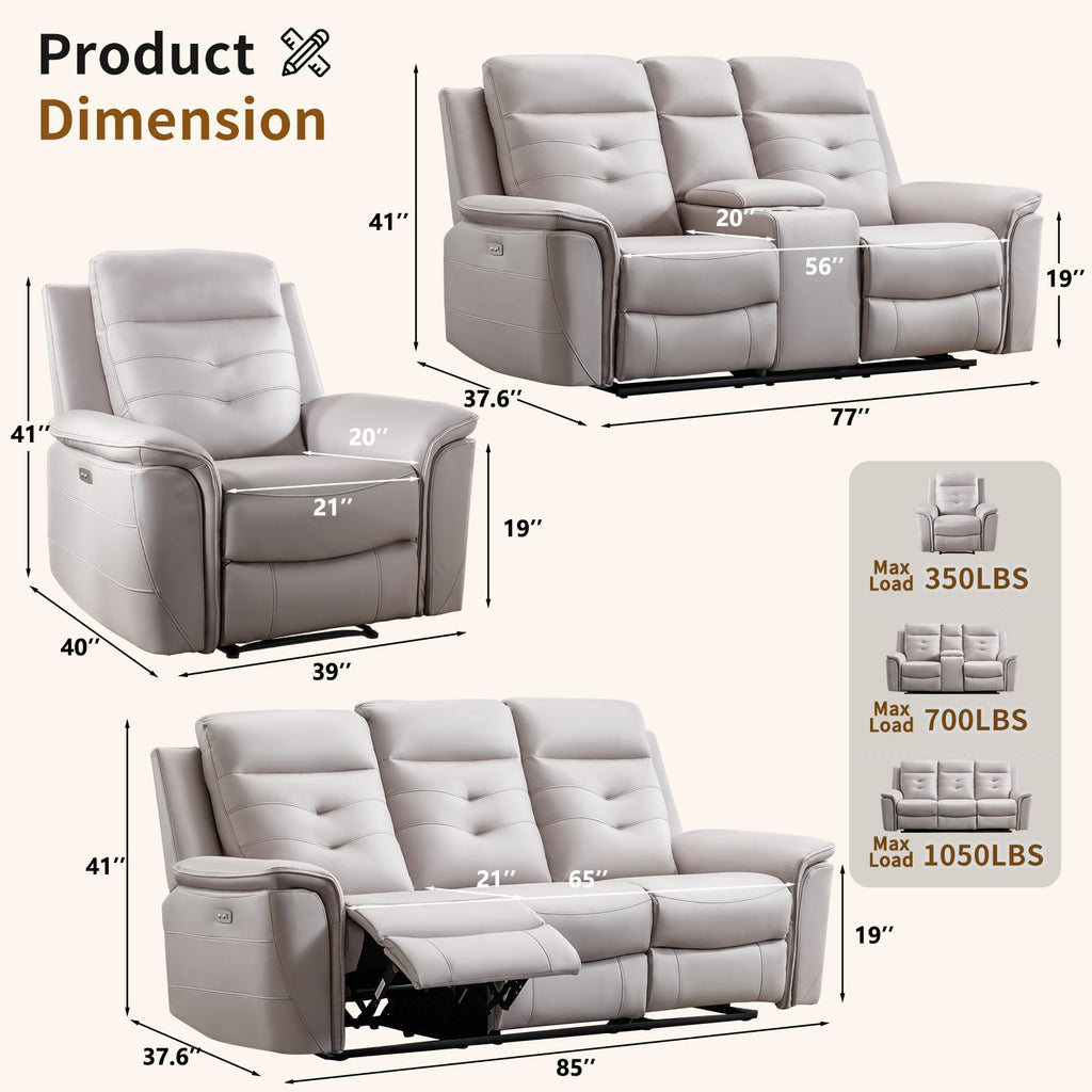 3-Piece Faux Leather Power Recliner Sofa Set with USB&Type-C Charging Ports, Include 2 Single Recliner Chairs and