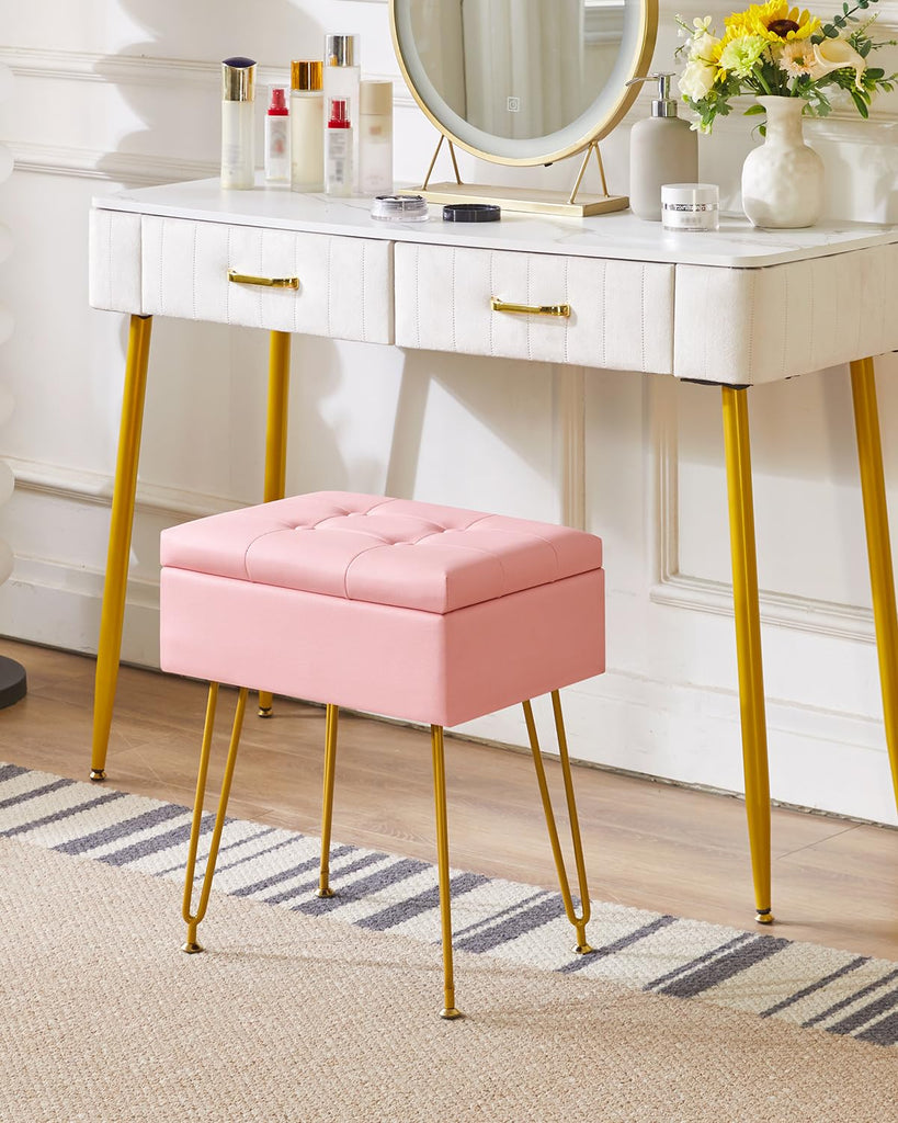 PU Storage Vanity Stool with Flip Tabletop, Ottoman, Pink