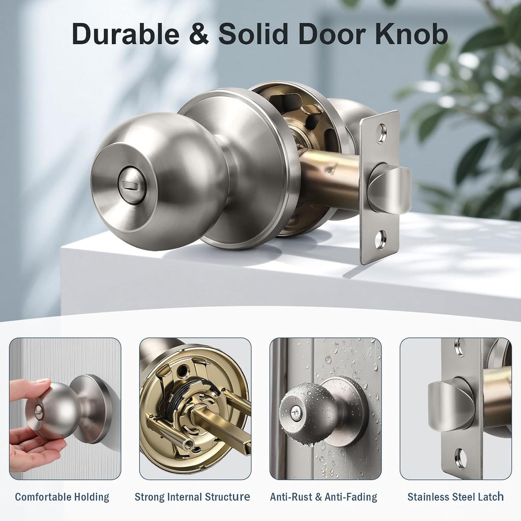 Interior Door Knobs in Brushed Nickel Finish, Keyless Privacy Door Knob, Round Ball Style Door Knob Bathroom, Indoor