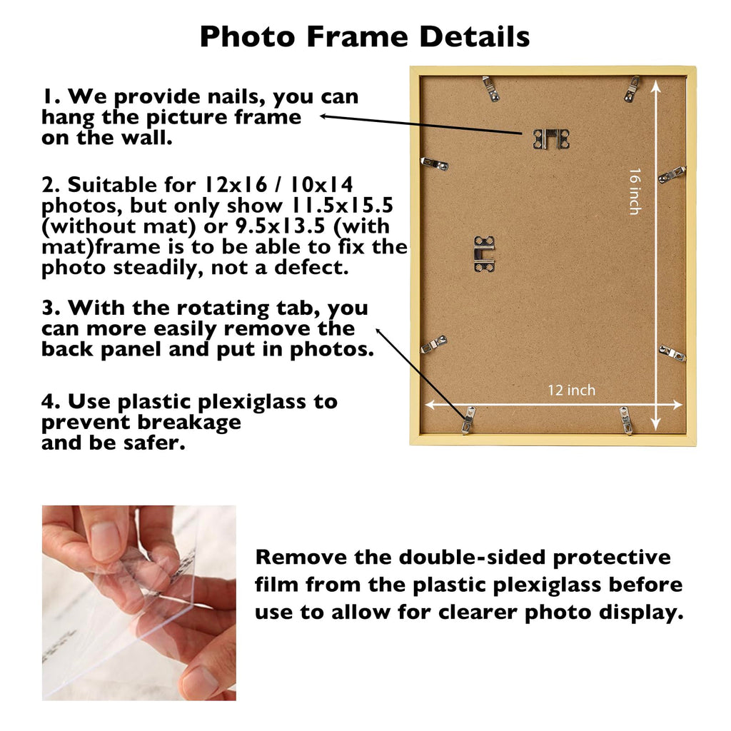 12x16 Picture Frame Set of 2 Gold With 10x14 Mat for 30 x 40cm Diamond Art Painting, Display Photo 10x14 or 12 x 16