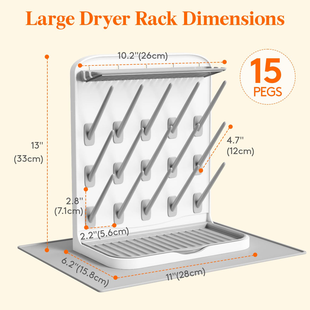 15-Hooks Baby Bottle Drying Rack with Drain Mat for Countertop