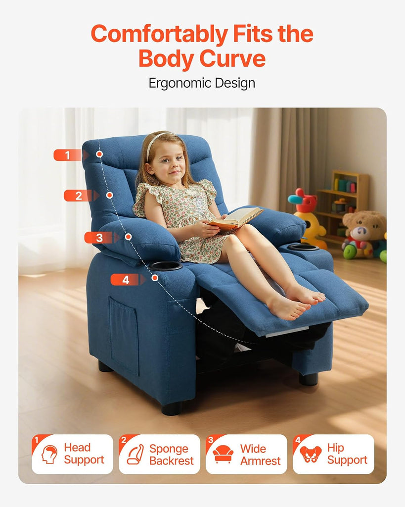 Kids Recliner Chair, Toddler Lounger with Cup Holders & Pockets, 107° to 126° Adjustable Back, Breathable Polyester