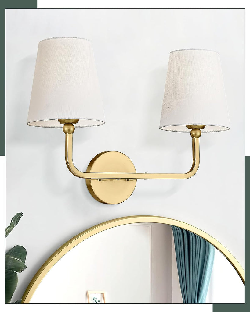 2 Light Bathroom Vanity Light, Brushed Gold Double Wall Sconce with Flared White Fabric Shade, Modern Sconces Wall