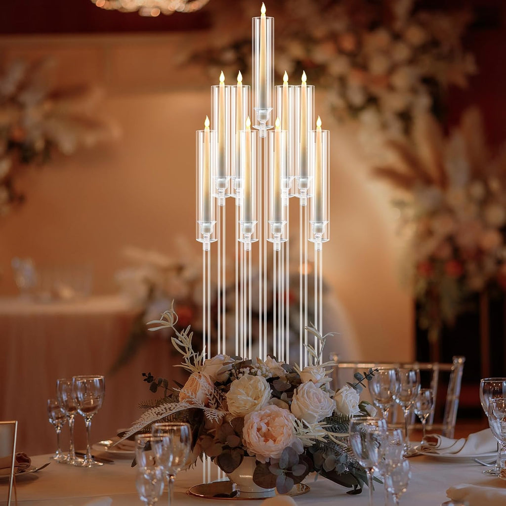 Tessco 4 Pcs 9 Arm 42.5" Acrylic Candelabra Table Centerpiece Floor Candelabras Clear Candle Holder with Removable