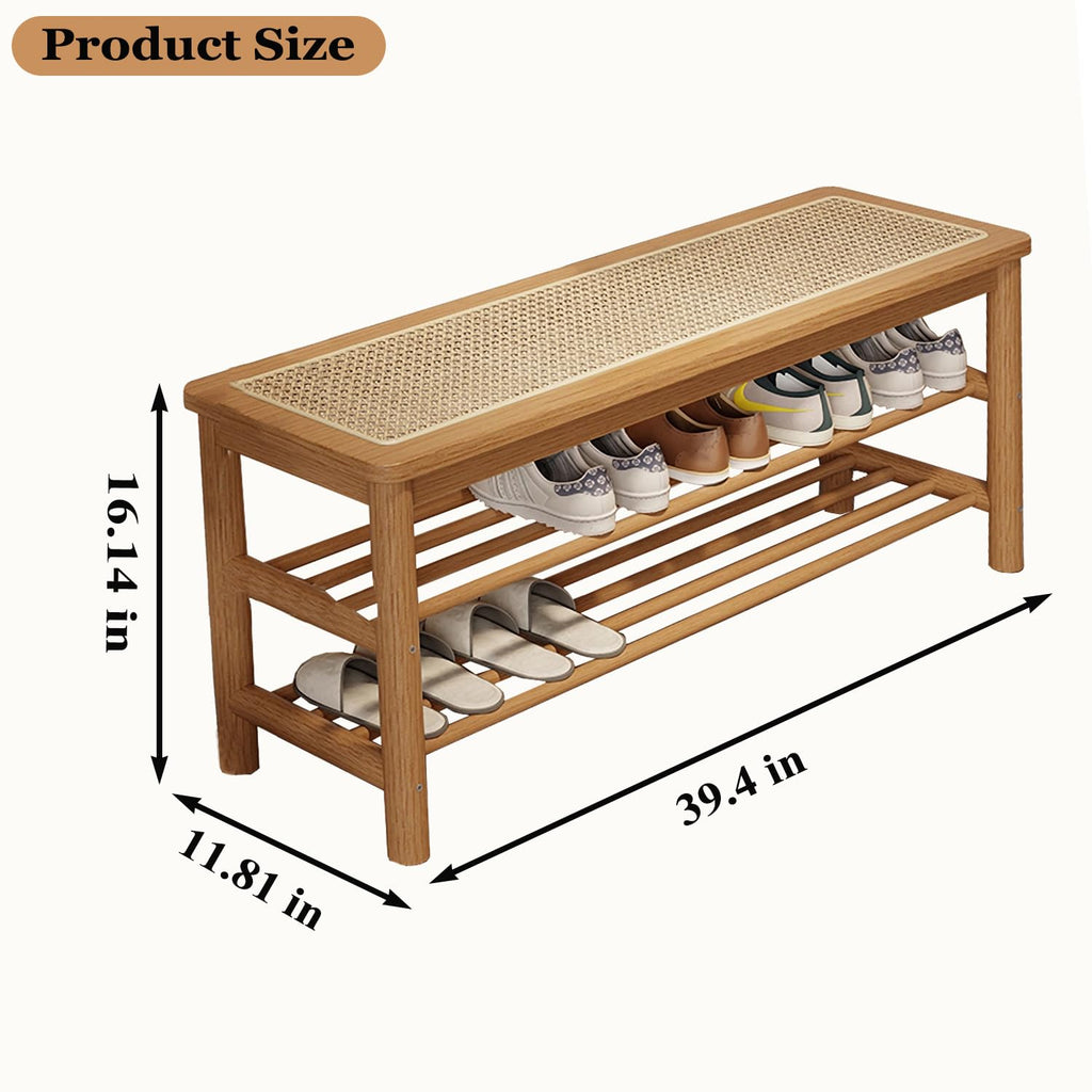 Bamboo Shoe Rack Bench with Rattan Seat, 3-Tier Shoe Storage Bench, Entryway Bench, Nature-39.4 inches