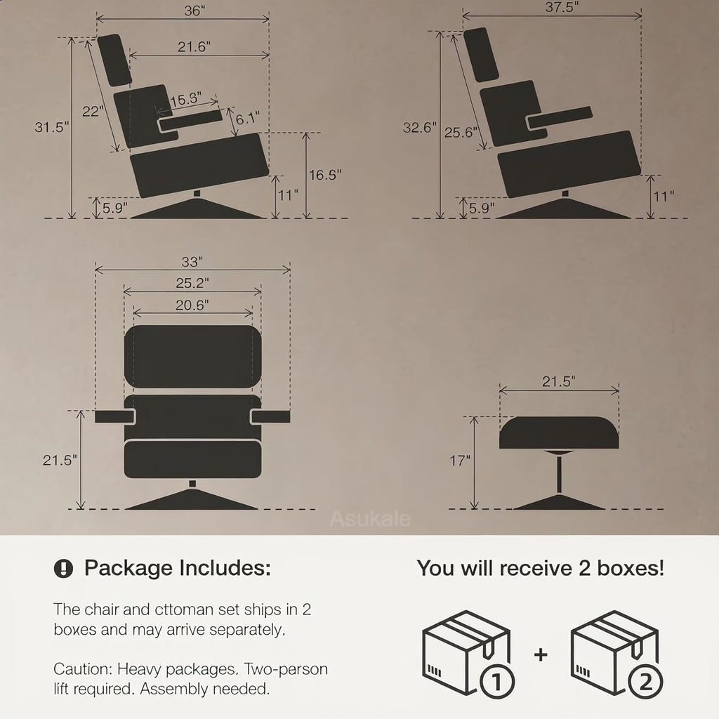 Modern Reading Chair and Ottoman — Walnut Leather