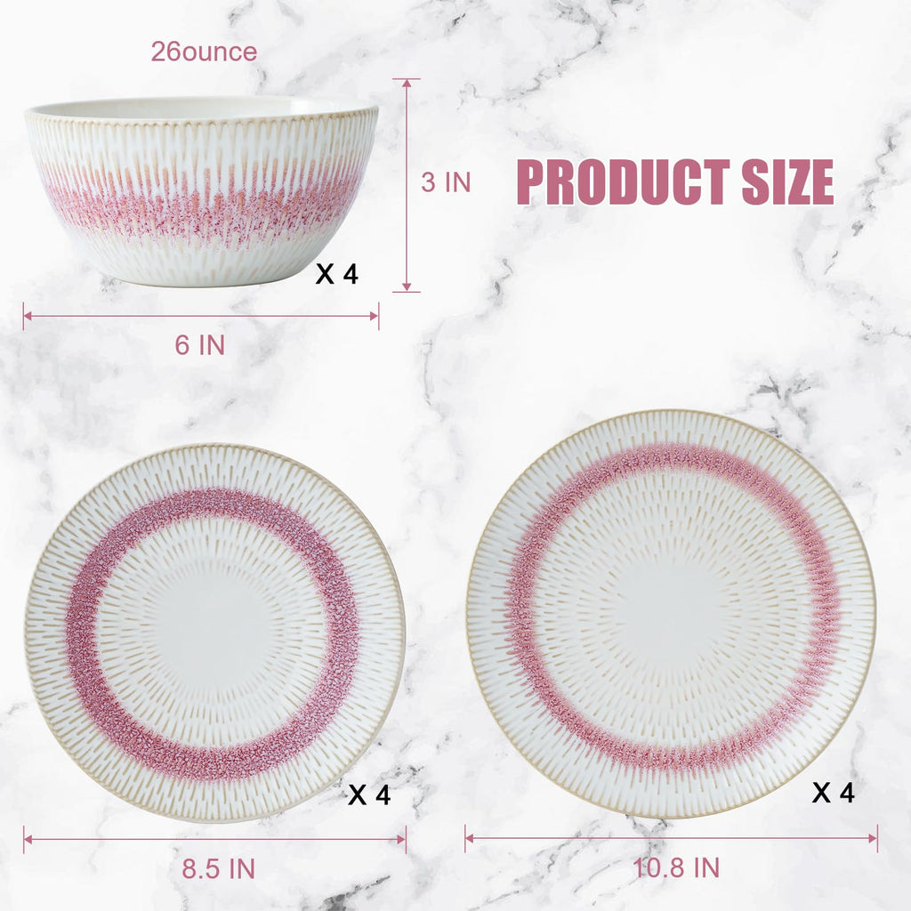 Dinnerware Set Pink Stoneware 12 Pieces Service for 4, Stoneware Plates and Bowls Set, Dishwasher Microwave Safe