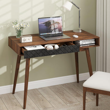 Mid Century Modern Desk, Home Office Standing Desk w/Drawer & Open Compartment, Small Computer Desk Work Study Table