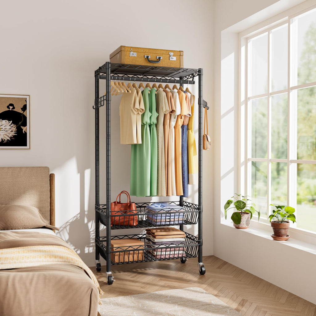 Heavy Duty Rolling Clothes Rack Wheels Portable Metal Garment Rack