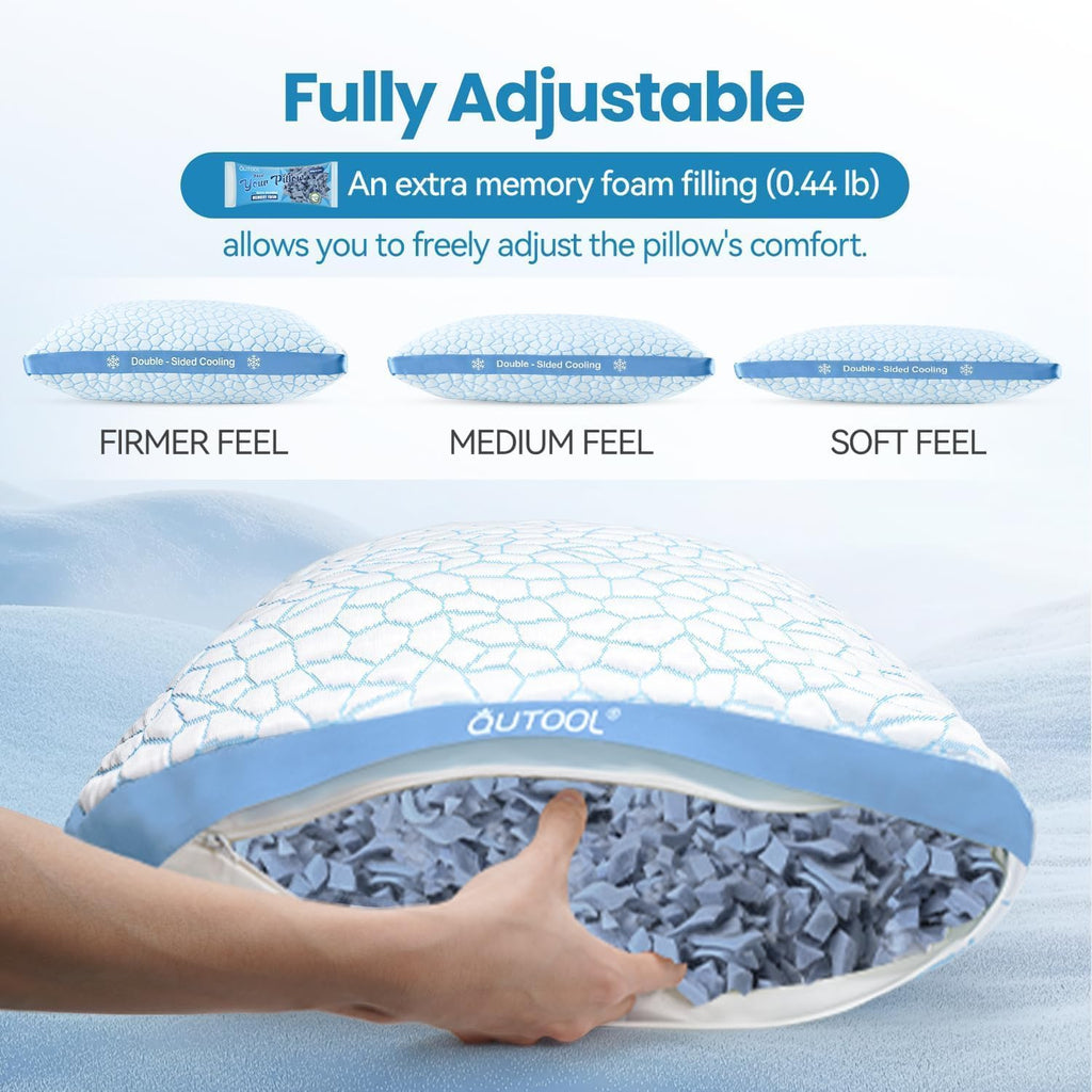 Enhanced Cooling Pillow for Hot Sleepers,Shredded Memory Foam Pillow King Size Set of 2,Adjustable Gel Bed Pillow for