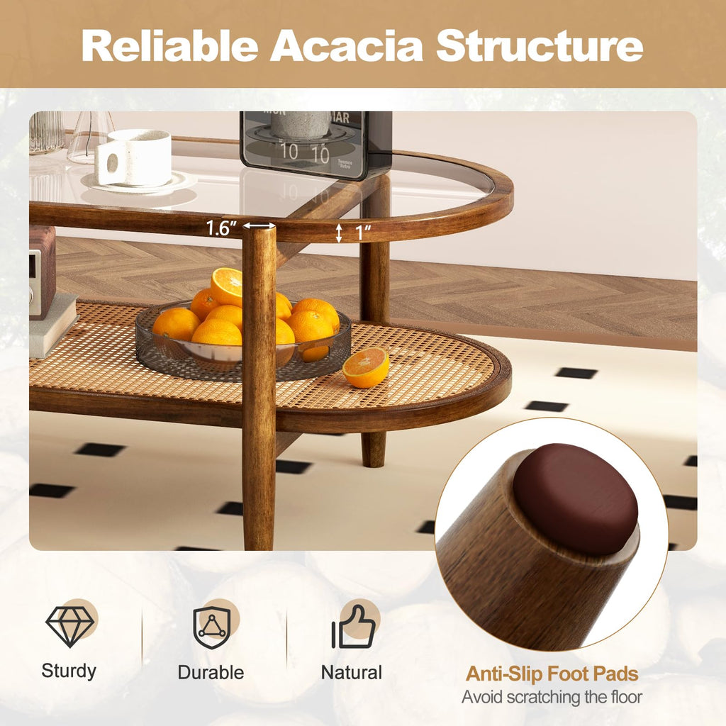 Rattan Coffee Table, 2-Tier Oval Acacia Wood Tea Table w/Tempered Glass Tabletop & PE Rattan Storage Shelf, Boho