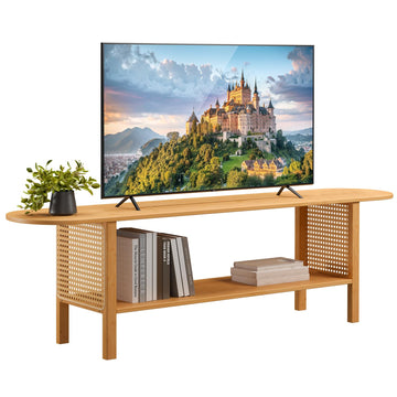 Bamboo TV Stand with Storage for TVs up to 65", Modern Entertainment Center with Rattan Side, Accent TV Table with 2