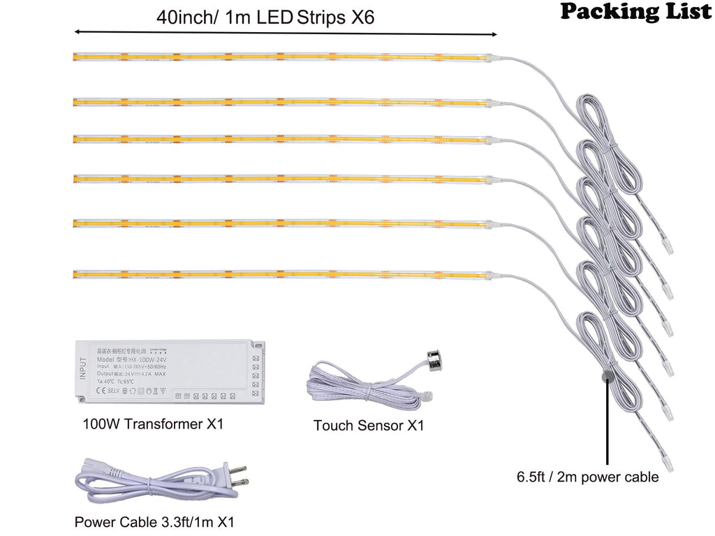 40 inch Under Cabinet Lights, 6 Pack Bright Closet Under Counter Lights, Wardrobe, Hallway,Stairs with Transformer