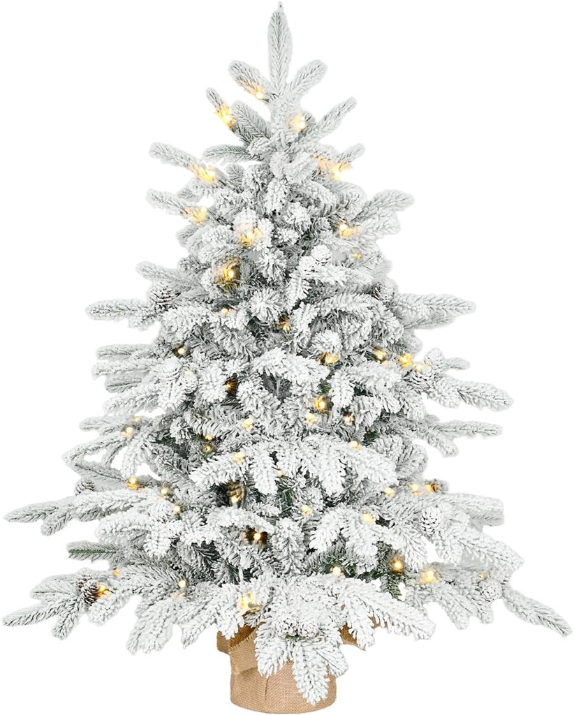 Prelit Flocked Christmas Tree, Artificial Small Christmas Tree with Led Lights, Frosted LED Xmas Tree with Snow